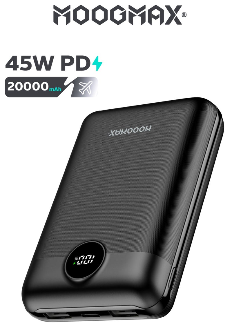 موجماكس باور بنك سوبر سمول سايز بسعة 20000mAh وقوة 45واط، يدعم الشحن السريع ,مزود بشاشة رقمية LED لمعرفة مستوى الشحن، يمكن استخدامه على الطائرات والقطارات. باللون اسود من موجماكس. - Image 1